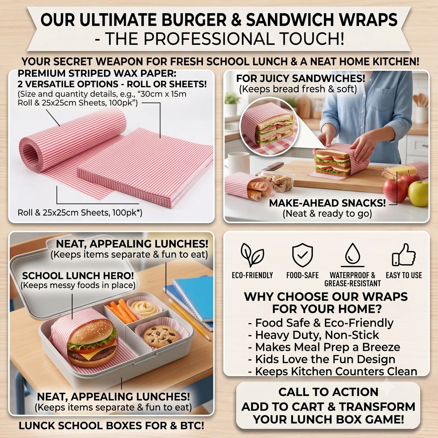 Food Grade Wax Paper Sheets – 50 Pcs Grease-Proof Food Wrapping Paper