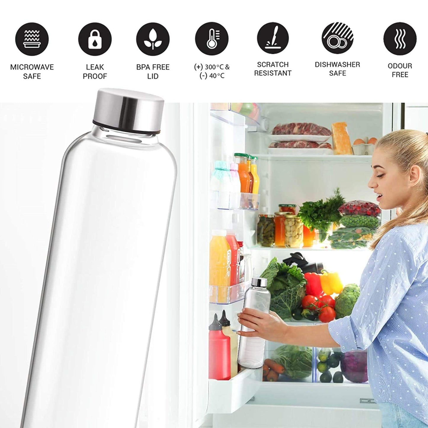 Borosilicate Glass Water Bottle Stainless Steel Leakproof Lid And Cover
