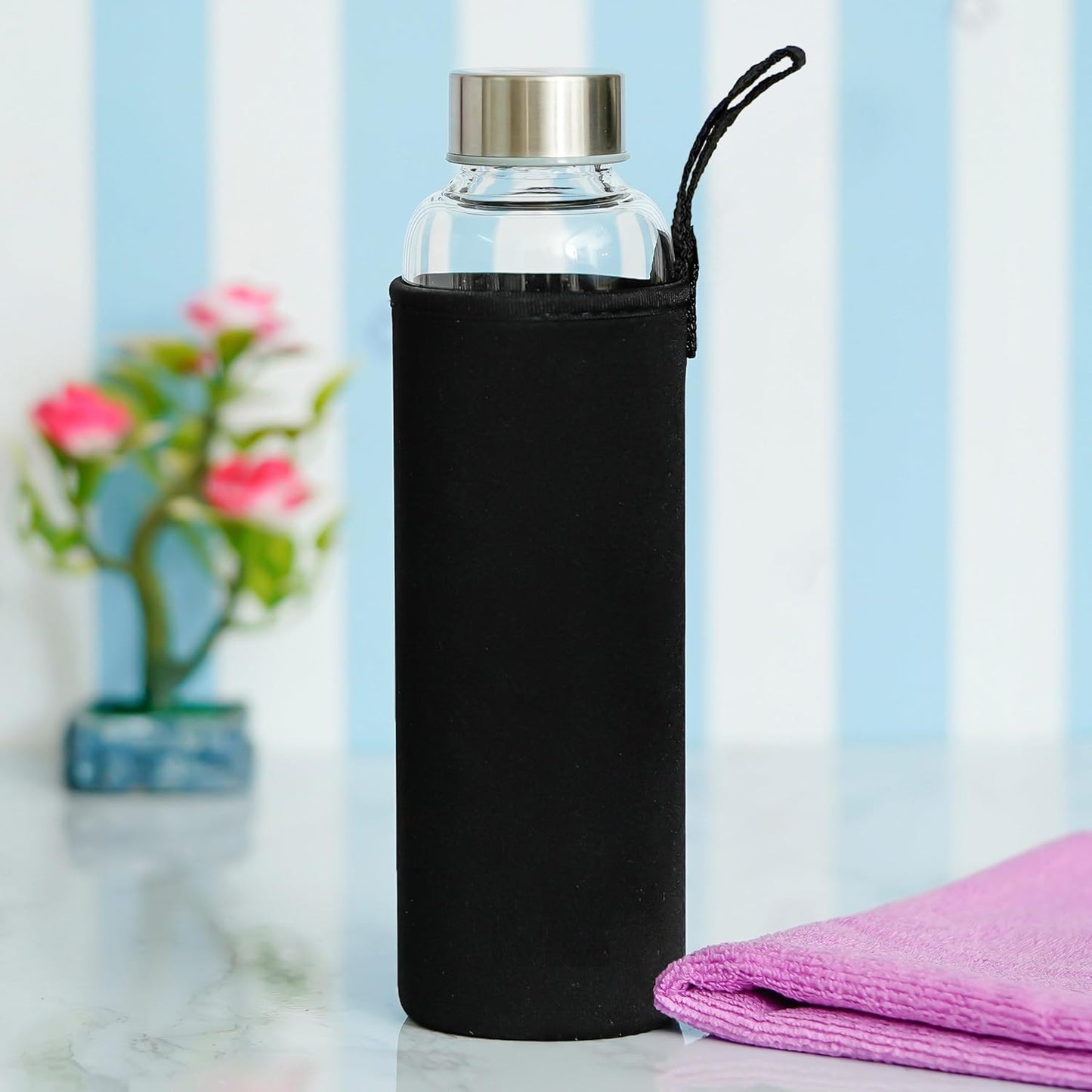 Borosilicate Glass Water Bottle Stainless Steel Leakproof Lid And Cover