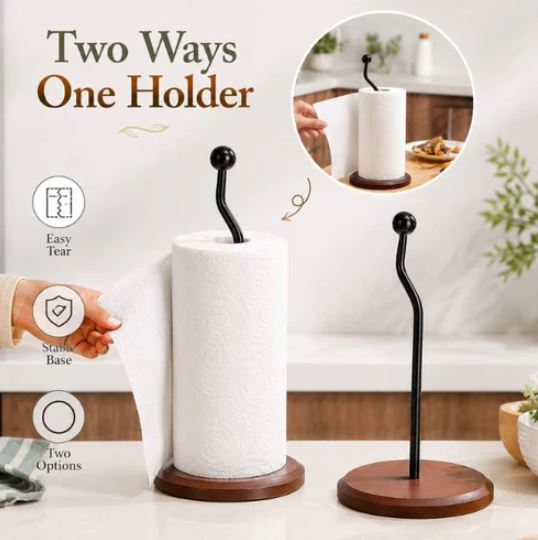 Kitchen Paper Towel Tissue Holder (Wooden Base & Metal Stand) Tissue Roll Organizer for Kitchen & Bathroom