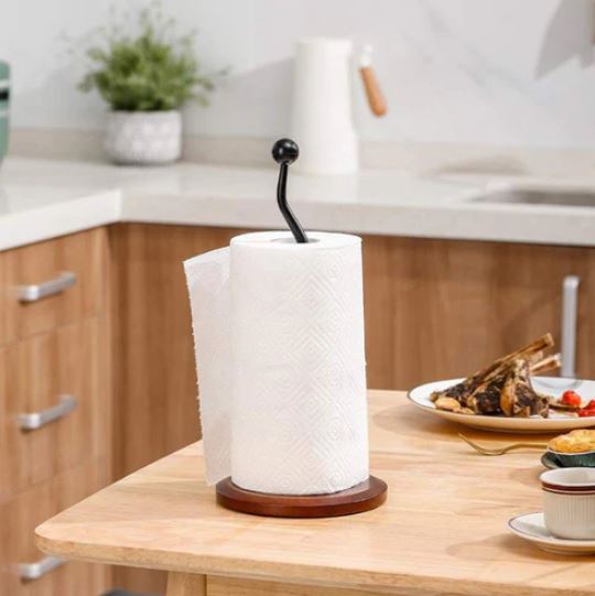 Kitchen Paper Towel Tissue Holder (Wooden Base & Metal Stand) Tissue Roll Organizer for Kitchen & Bathroom