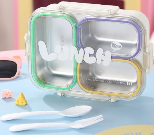 Food Grade Stainless Steel Lunch Box Sealed Design, 3 Compartments Divided Lunch Plate Large Capacity Portable Food Container
