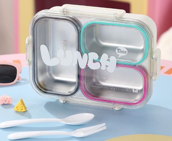 Food Grade Stainless Steel Lunch Box Sealed Design, 3 Compartments Divided Lunch Plate Large Capacity Portable Food Container