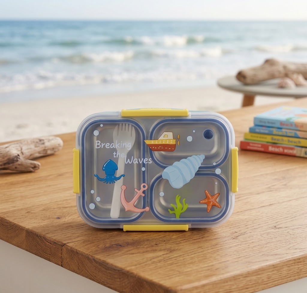 Stainless Steel 3 Compartment Lunch Box with Spoon & Secure Lock & Leak-Proof