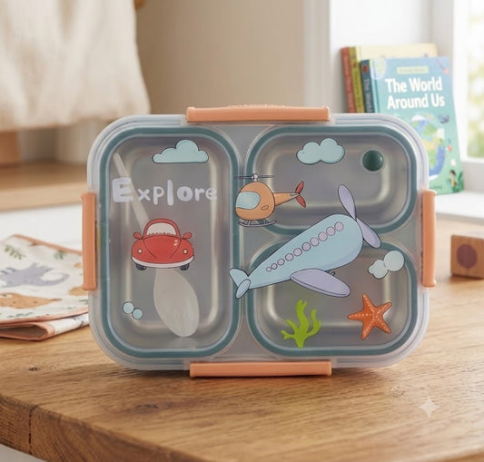 Stainless Steel 3 Compartment Lunch Box with Spoon & Secure Lock & Leak-Proof