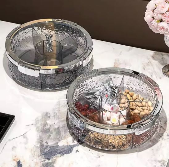 Modern Round Rotating Snack Organizer, Multi Compartment Dry Fruit Tray with Tray