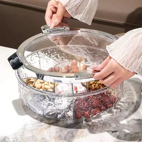 Modern Round Rotating Snack Organizer, Multi Compartment Dry Fruit Tray with Tray