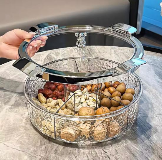 Modern Round Rotating Snack Organizer, Multi Compartment Dry Fruit Tray with Tray