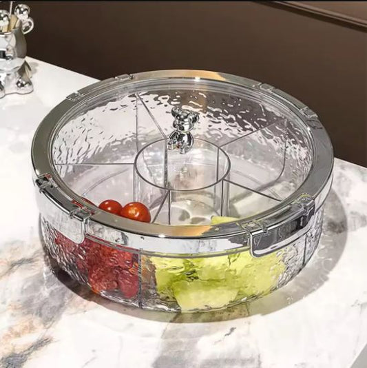 Modern Round Rotating Snack Organizer, Multi Compartment Dry Fruit Tray with Tray