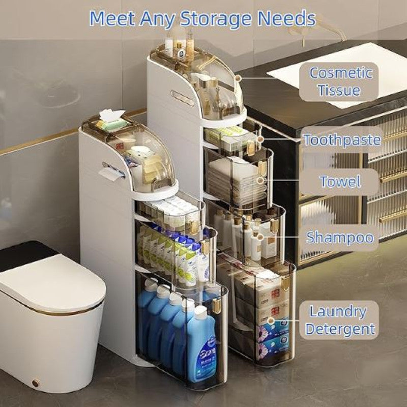 MultiTier Storage Tower, Plastic Bathroom Storage Cabinet with Drawers and Handle for Small Kitchen Laundry