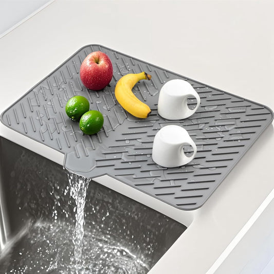 Silicone Dish Drying Mat for Kitchen Counter, Dish Drying Pad, Non-Slip Drain Pad with Built-in Drain, Heat Resistant Non-Slip