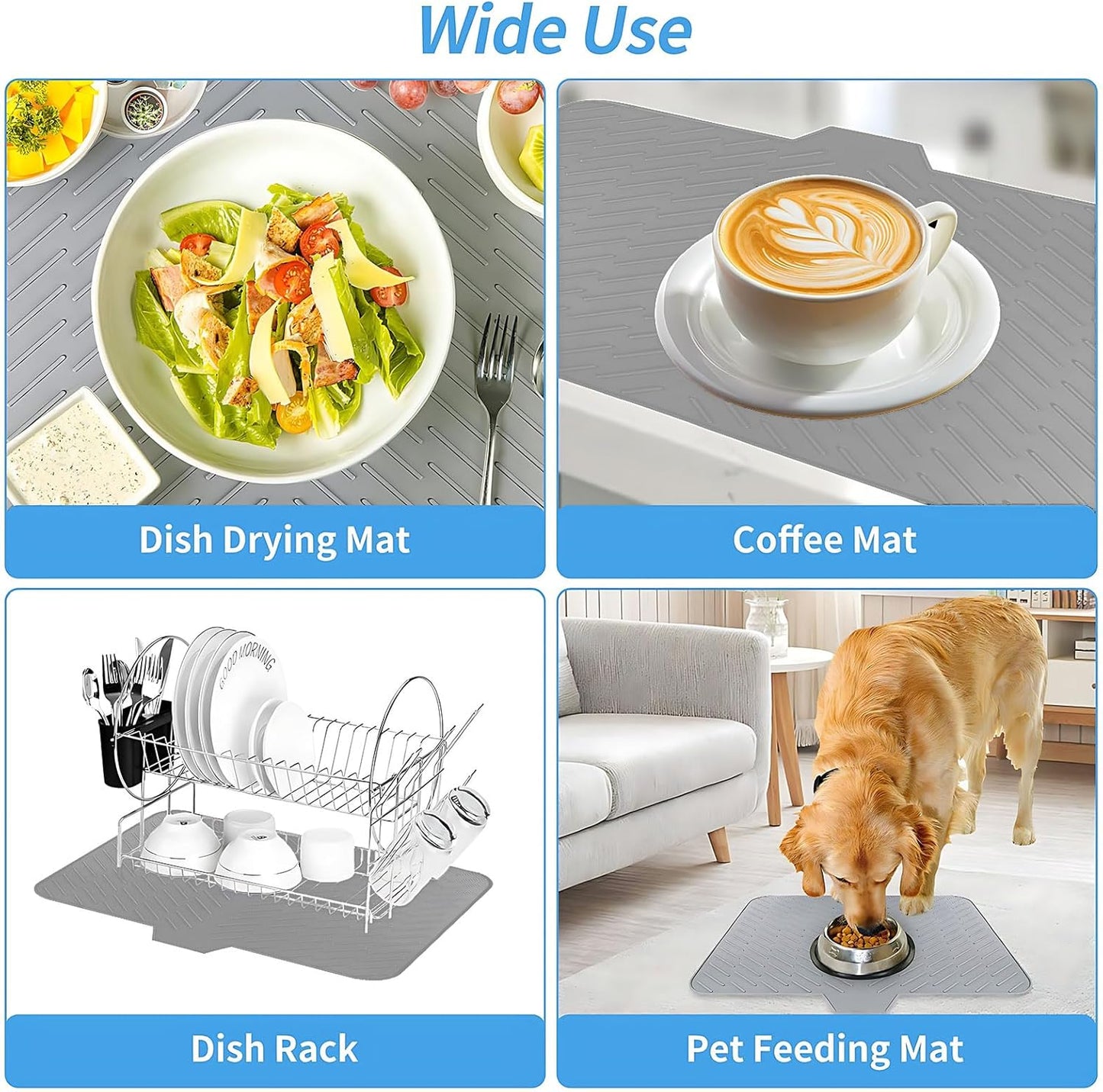 Silicone Dish Drying Mat for Kitchen Counter, Dish Drying Pad, Non-Slip Drain Pad with Built-in Drain, Heat Resistant Non-Slip