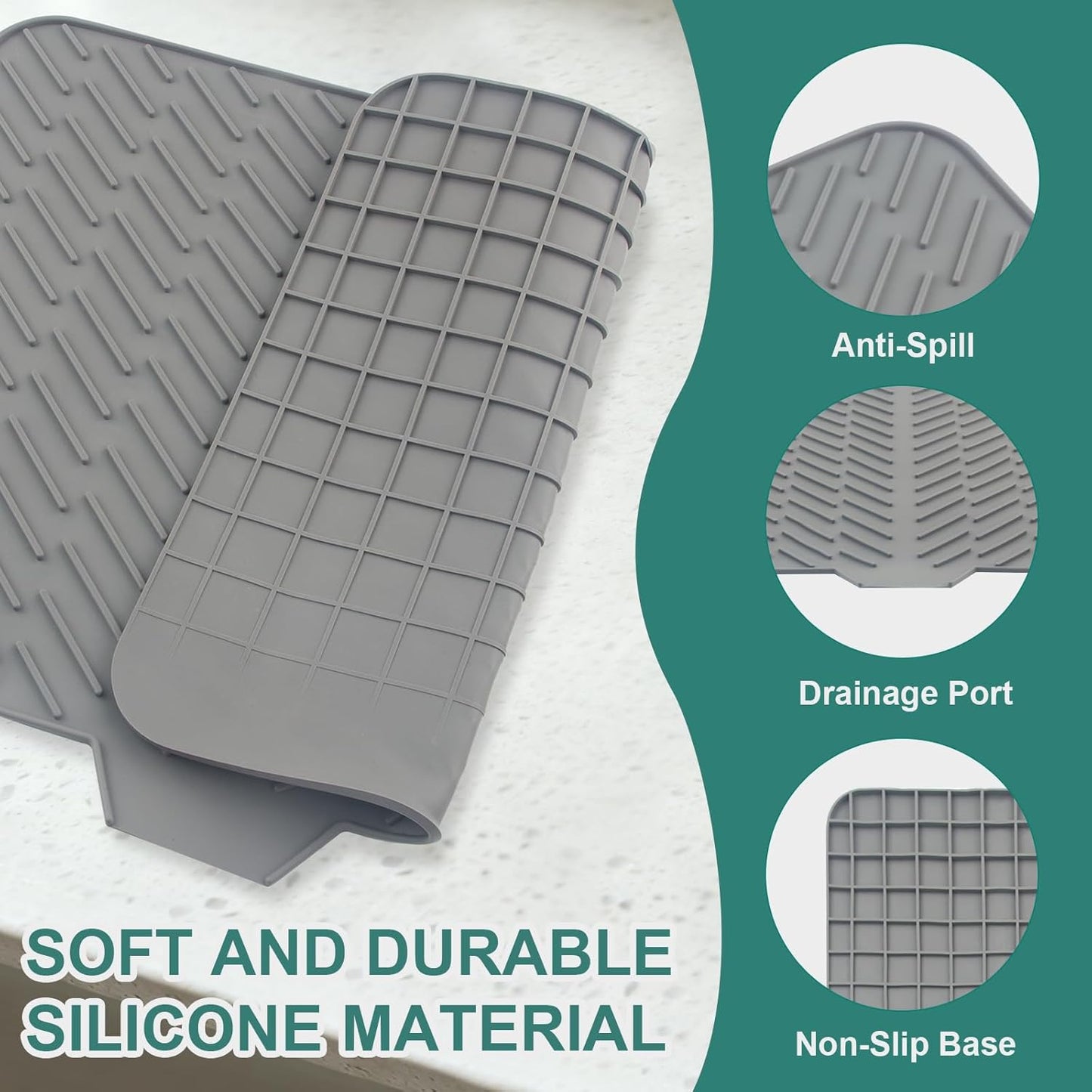 Silicone Dish Drying Mat for Kitchen Counter, Dish Drying Pad, Non-Slip Drain Pad with Built-in Drain, Heat Resistant Non-Slip