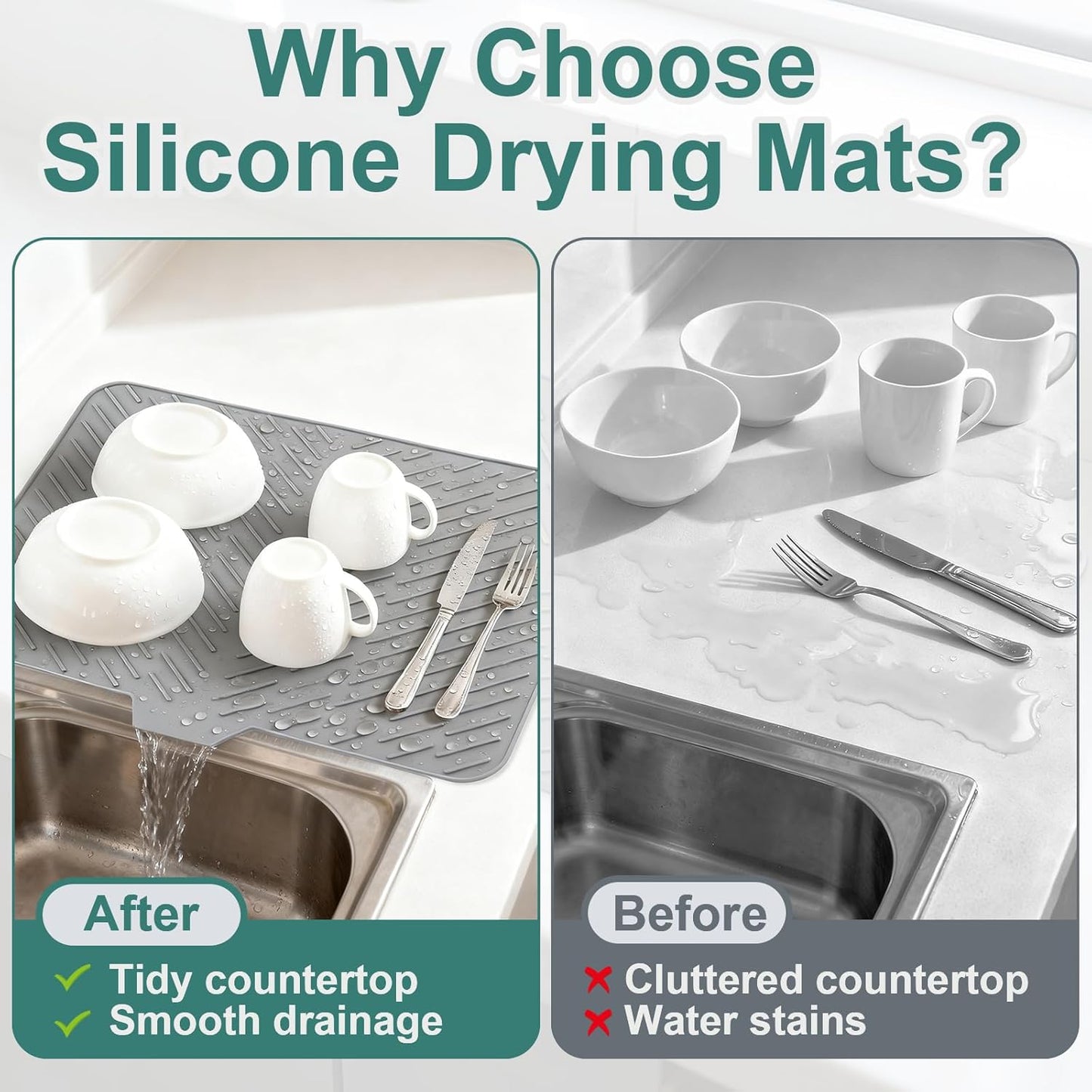 Silicone Dish Drying Mat for Kitchen Counter, Dish Drying Pad, Non-Slip Drain Pad with Built-in Drain, Heat Resistant Non-Slip