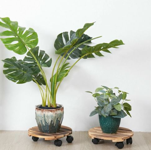 Wooden Plant Roller Stand with Lockable Wheels Caddy Planter Trolley
