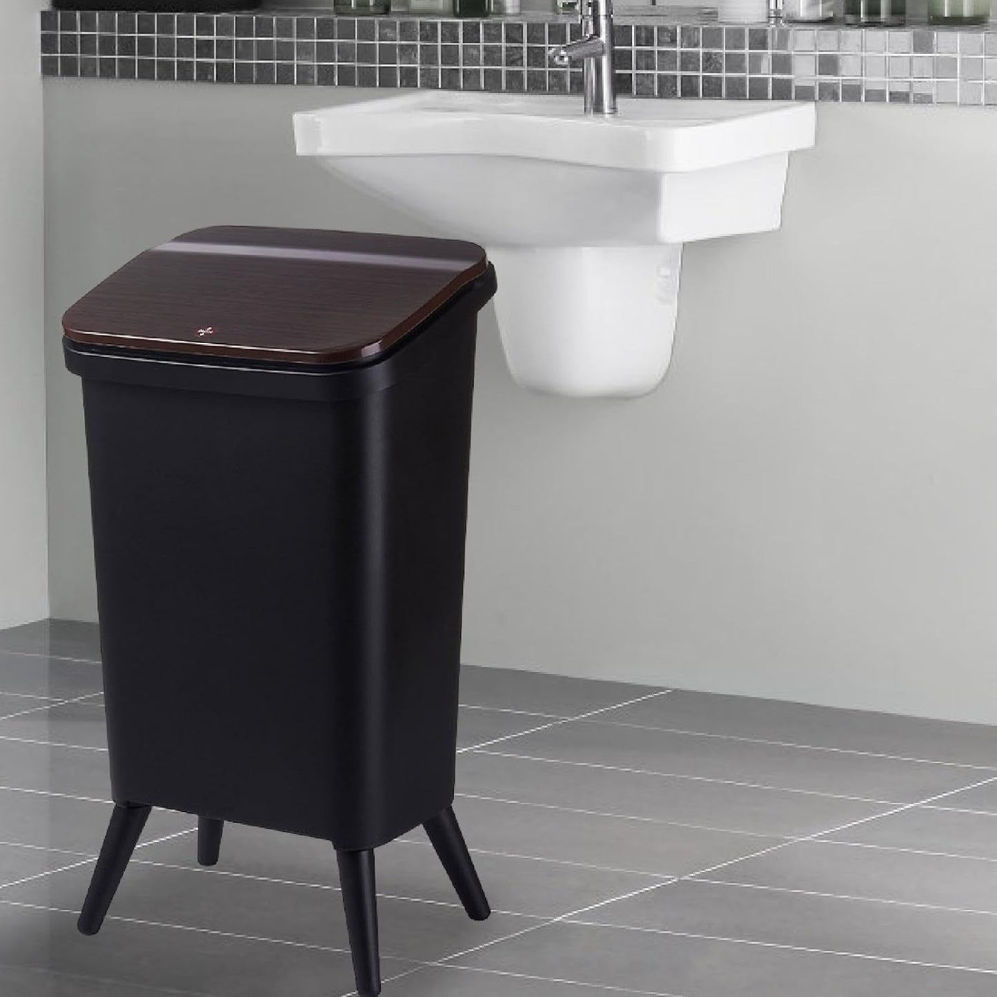 Rubbish Bin with Feet and Lid, Rubbish Bin, Waste Bin for Children's Room, Cabinet, Living Room, Bathroom, Kitchen, Black