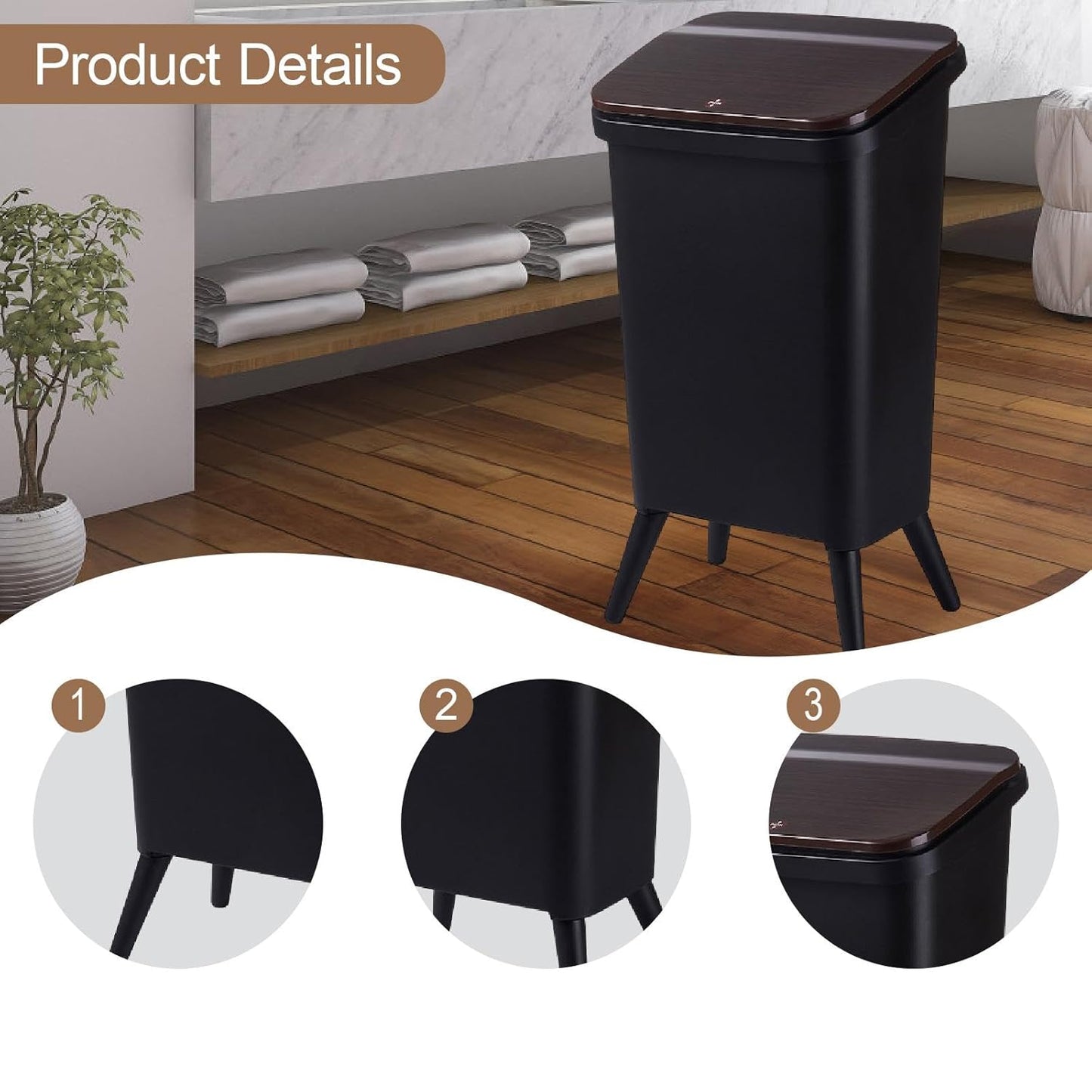 Rubbish Bin with Feet and Lid, Rubbish Bin, Waste Bin for Children's Room, Cabinet, Living Room, Bathroom, Kitchen, Black