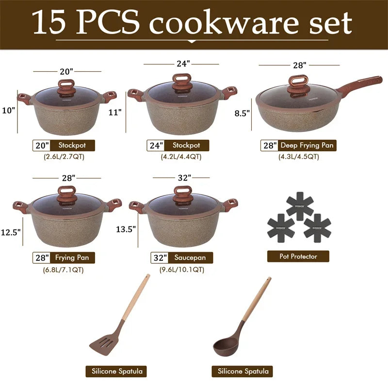 DONNOR 15-Piece Non-Stick Cookware Set | Premium Aluminum Pots & Pans with Glass Lids | Induction & Gas Compatible - Brown