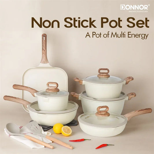 DONNOR 15-Piece Non-Stick Cookware Set | Premium Aluminum Pots & Pans with Glass Lids | Induction & Gas Compatible