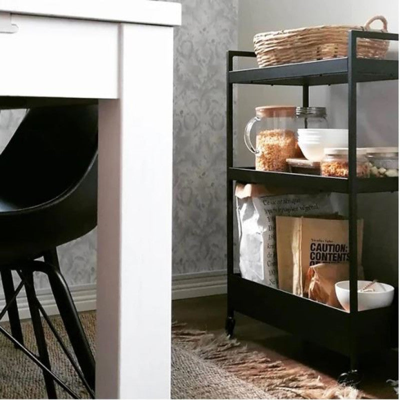 Metal 3-Tier Serving Trolley For Kitchen Home Office Bathroom Mobile Storage Rack Shelves - Black