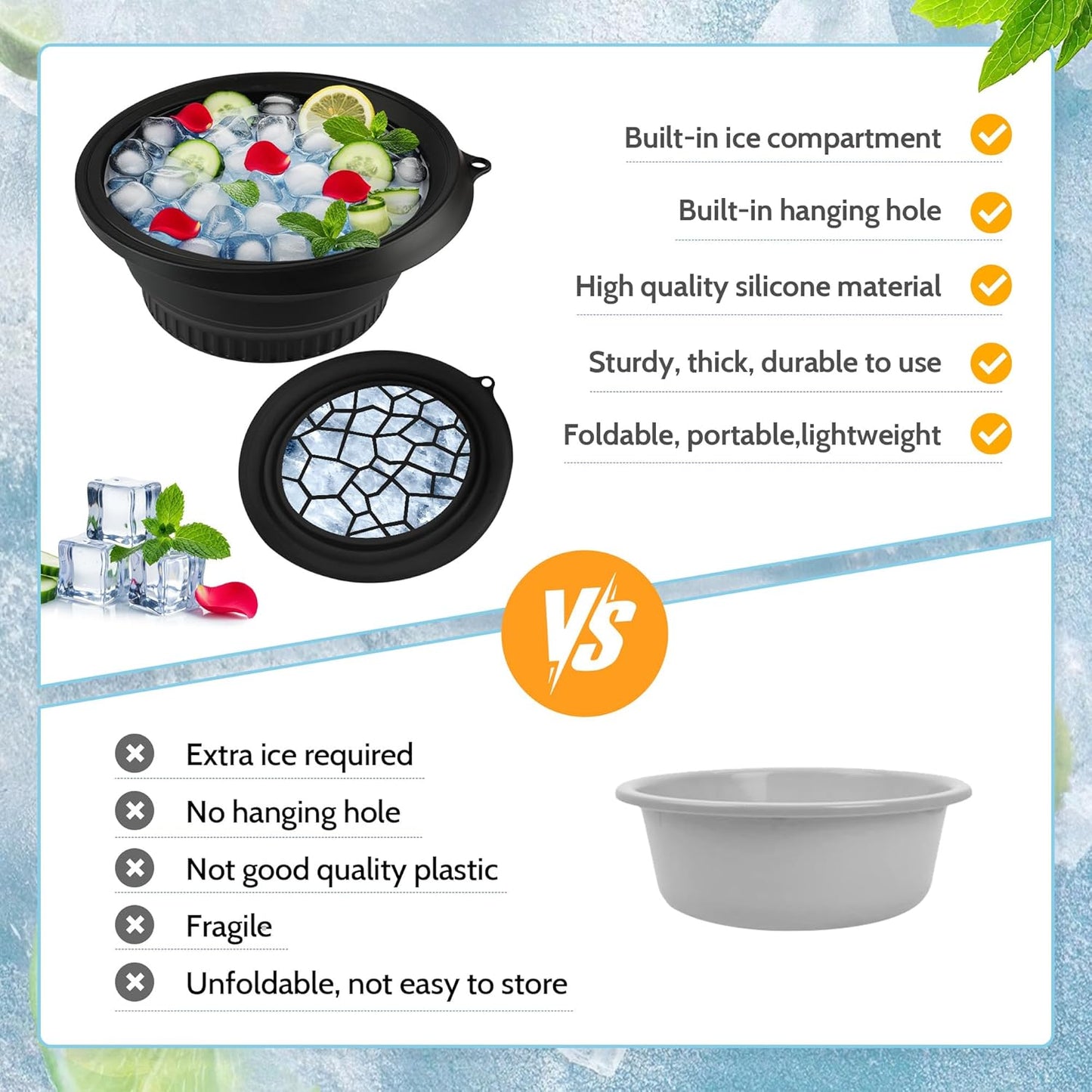 Silicone Ice Cube Bowl with Lid for Ice Facial & Cold Therapy, Foldable Facial Ice Bath with Built-in Icetray