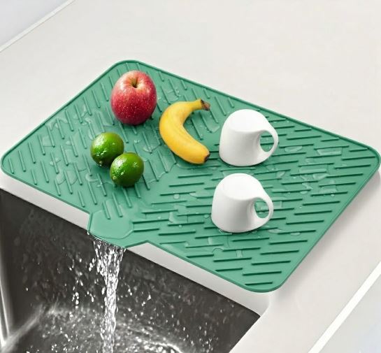 Silicone Dish Drying Mat for Kitchen Counter, Dish Drying Pad, Non-Slip Drain Pad with Built-in Drain, Heat Resistant Non-Slip