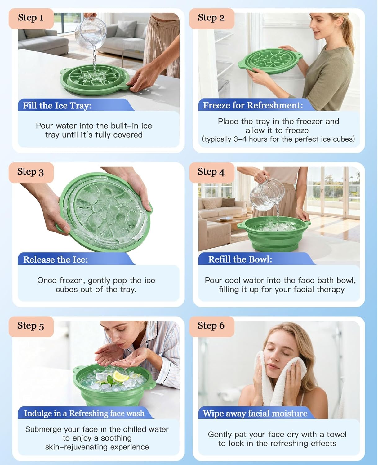 Silicone Ice Cube Bowl with Lid for Ice Facial & Cold Therapy, Foldable Facial Ice Bath with Built-in Icetray