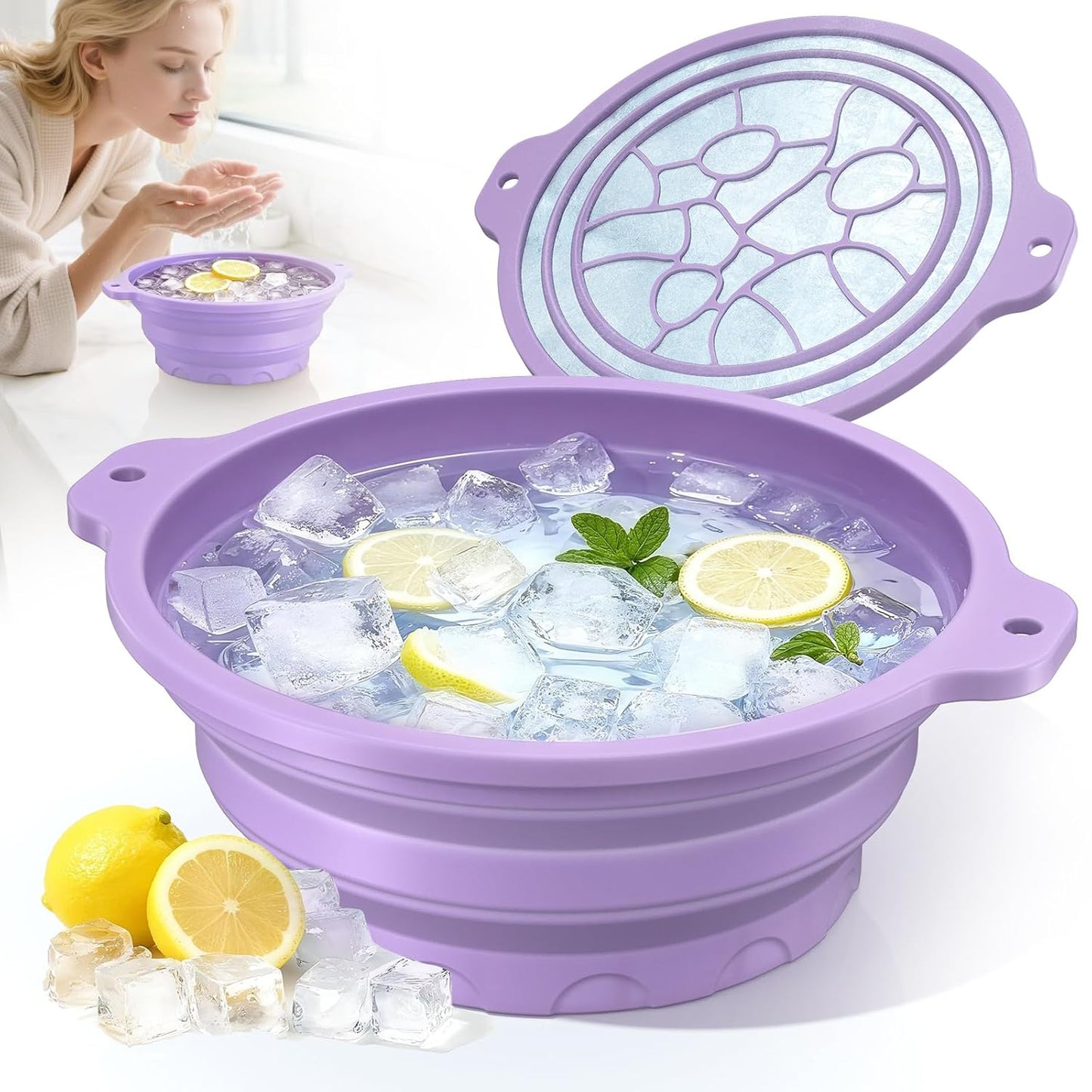 Silicone Ice Cube Bowl with Lid for Ice Facial & Cold Therapy, Foldable Facial Ice Bath with Built-in Icetray