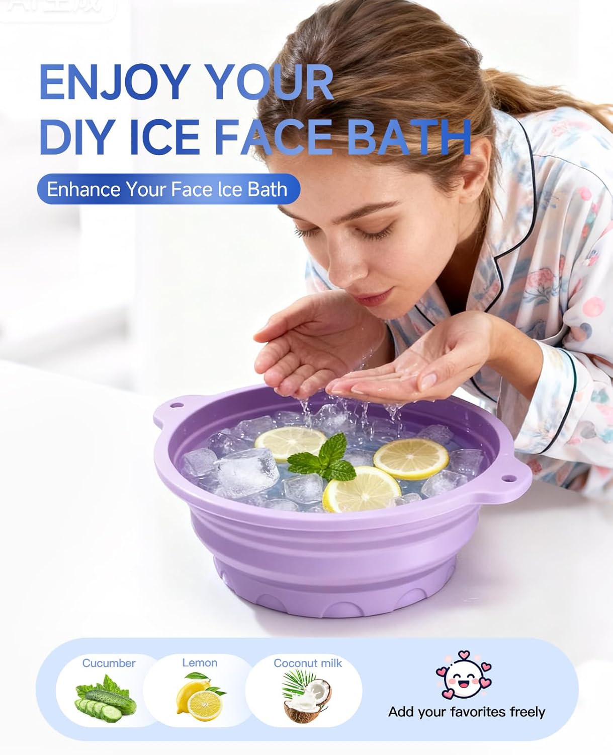Silicone Ice Cube Bowl with Lid for Ice Facial & Cold Therapy, Foldable Facial Ice Bath with Built-in Icetray