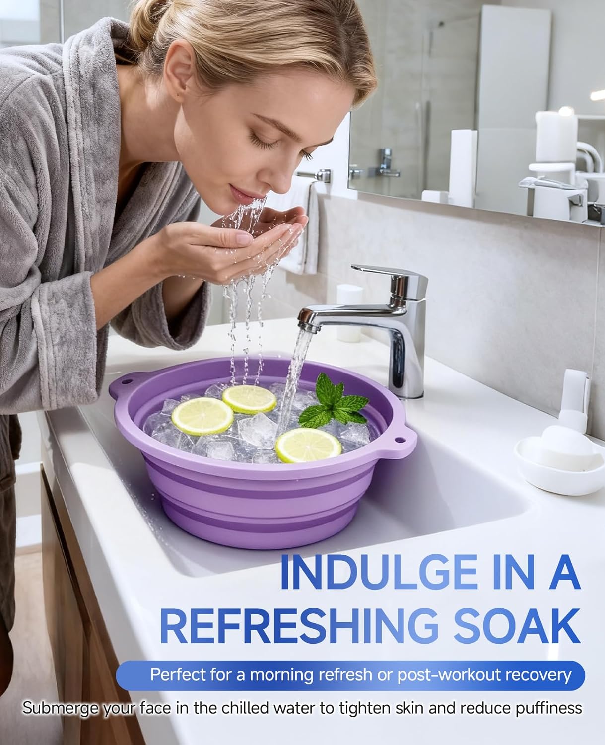 Silicone Ice Cube Bowl with Lid for Ice Facial & Cold Therapy, Foldable Facial Ice Bath with Built-in Icetray