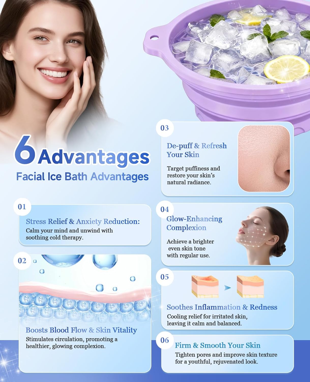 Silicone Ice Cube Bowl with Lid for Ice Facial & Cold Therapy, Foldable Facial Ice Bath with Built-in Icetray