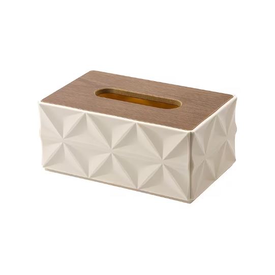 Modern Geometric Tissue Box Cover with Wooden Finish Lid