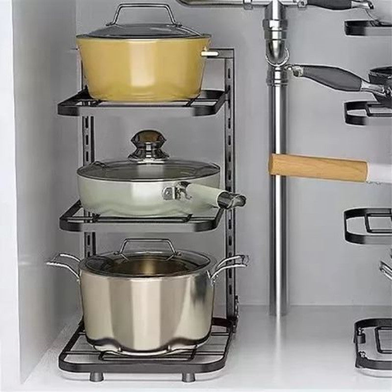 1pc Adjustable 3-Tier Black Stainless Steel Pot Rack - Space-Saving Kitchen Organizer with Multi-Shelved Storage Solution, Ideal for Home & Restaurant