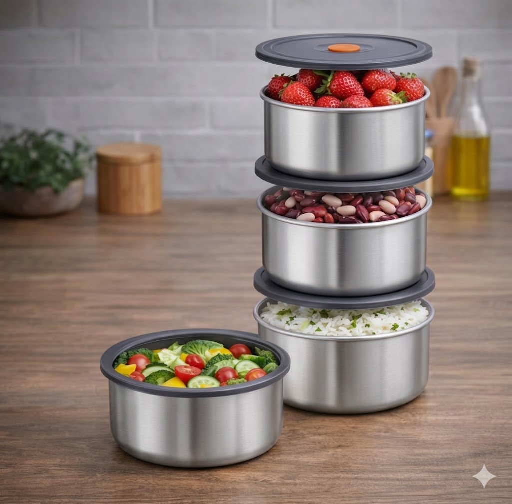 Set of 4pcs Storage Box Stainless Steel Preservation Container With Silicone Sealing Ring Layered & Oderly