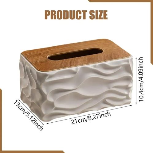 Stylish Wavy Tissue Box Cover with Wooden Lid – Modern Textured Napkin Holder