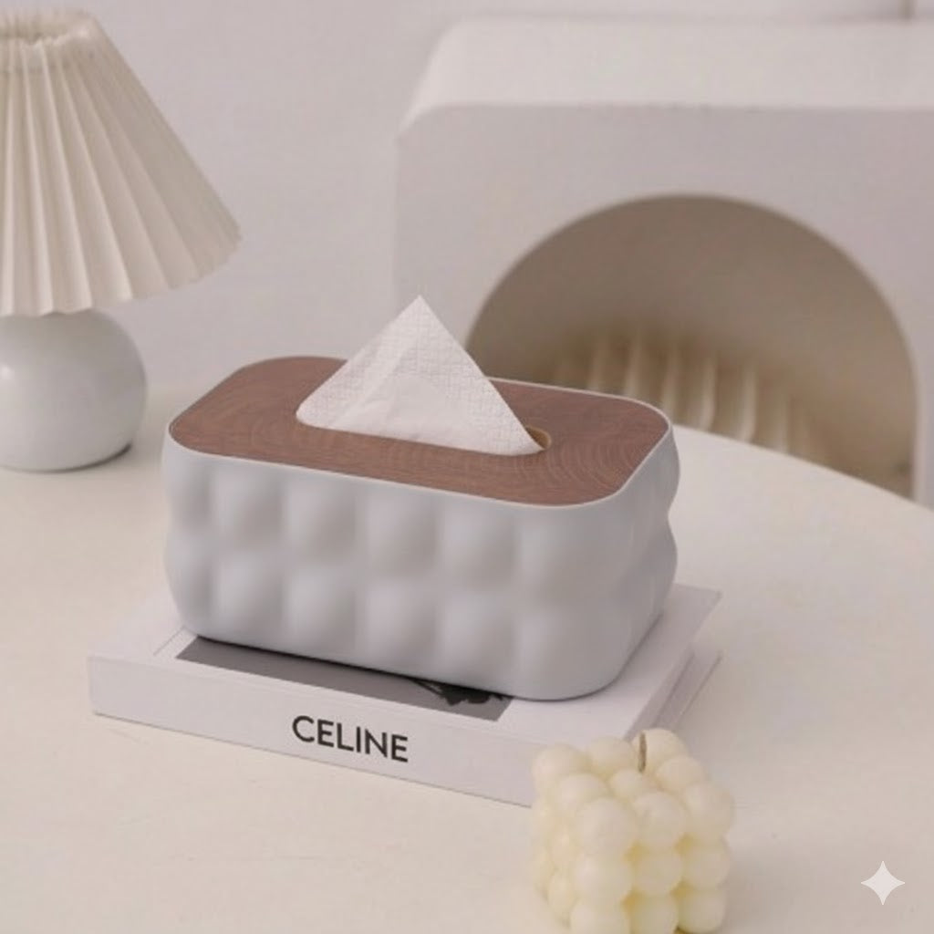 Nordic Bubble-Texture Tissue Box with Natural Wood Lid