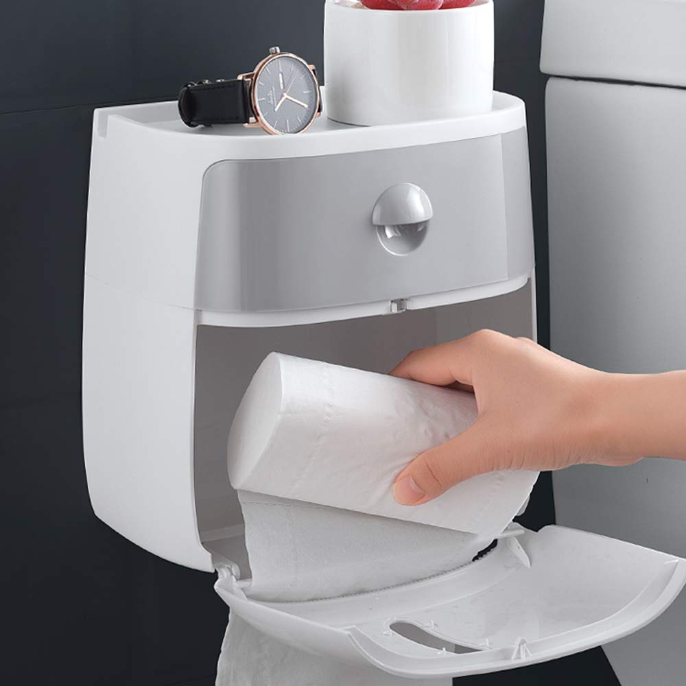 Wall-Mounted Multifunctional Toilet Paper Dispenser, Compatible with Roll Paper Kitchen Paper Storage with Drawer for Bathroom, Kitchen