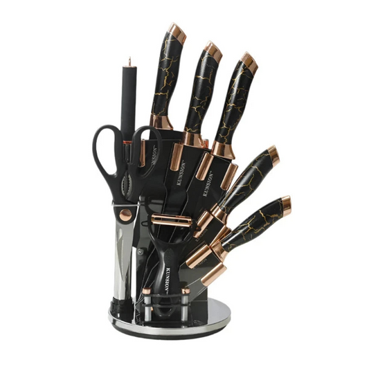 Textured Handle Knife Sets With Acrylic Rotate Stand (Black Marble)