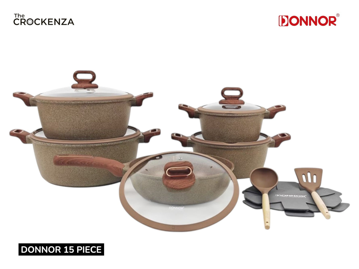 DONNOR 15-Piece Non-Stick Cookware Set | Premium Aluminum Pots & Pans with Glass Lids | Induction & Gas Compatible - Brown