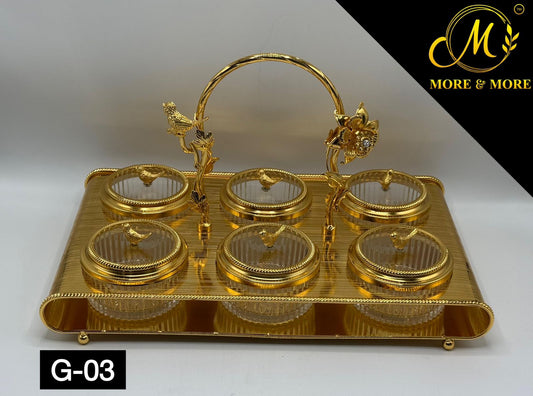 Luxury 6-Partition Dry Fruit Serving Set – Glass Bowls with Golden Designer Tray