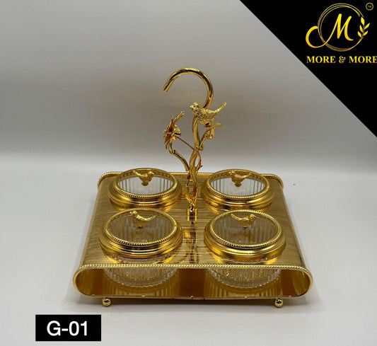Luxury Gold 4-Partition Dry Fruit Serving Tray with Crystal Bowls & Decorative Handle