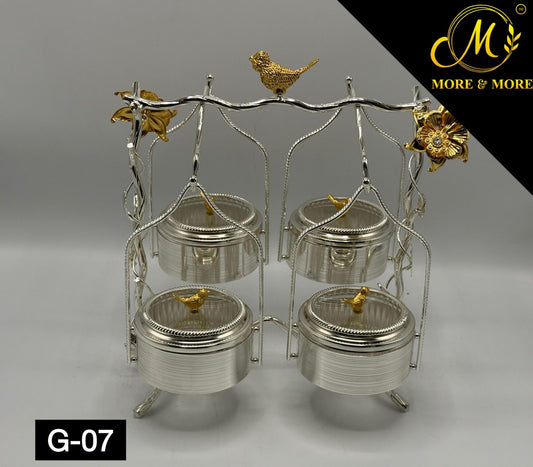 Luxury 4 Partition Dry Fruit Serving Set with Decorative Stand – Premium Metal Snack Organizer