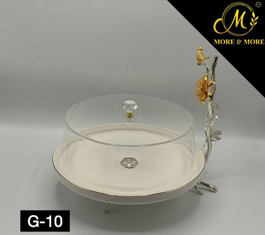 Luxury Crystal Dome Cake Stand with Gold Bird Handle – Elegant Serving Platter