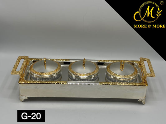 Luxury 3-Partition Dry Fruit Serving Set – Glass Bowls with Designer Handle Tray