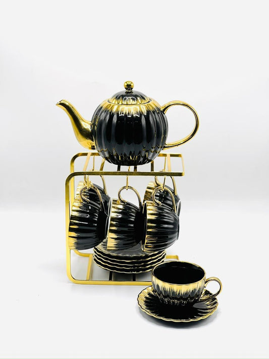 15 Piece Gold Ribbed Tea Set with Stand