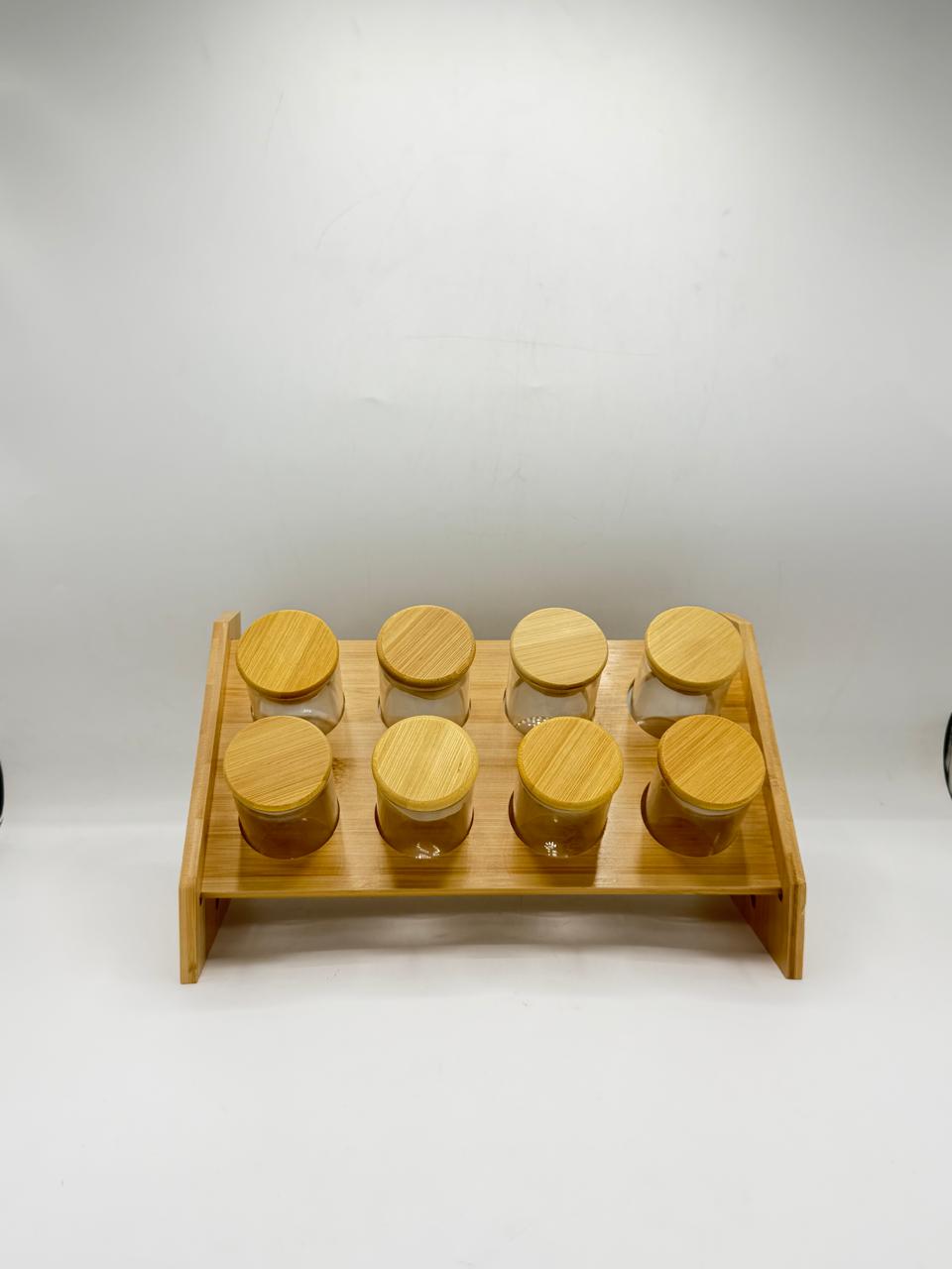 Bamboo Spice Jar Organizer Set - 8Pcs Large  Glass Jars with Stand