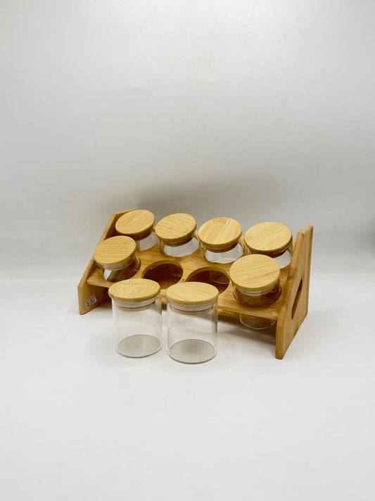 Bamboo Spice Jar Organizer Set - 8 Small Glass Jars with Stand