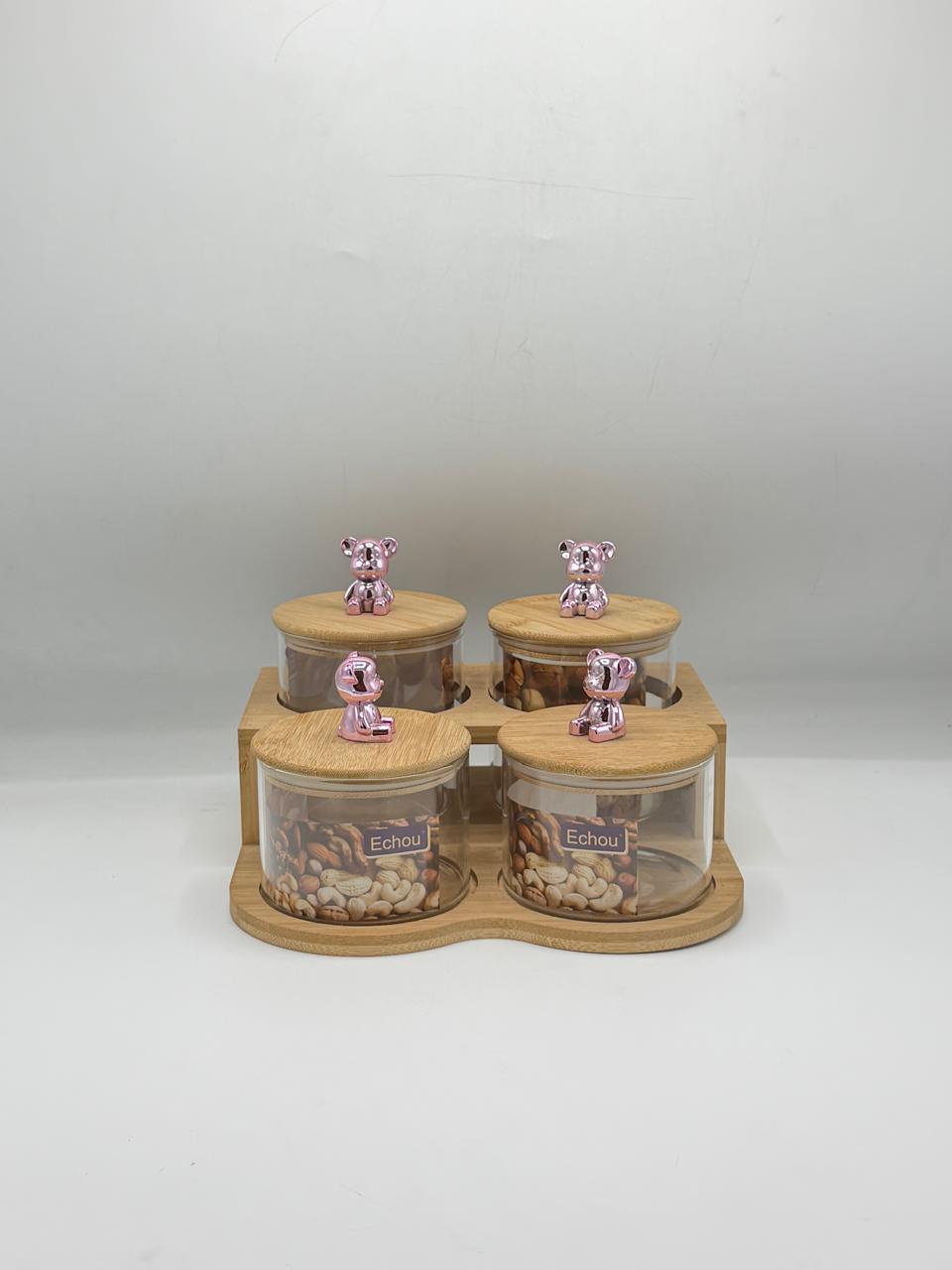 Glass Container Set - 4 Piece Rose Gold Bear Knobs with Wooden Tray