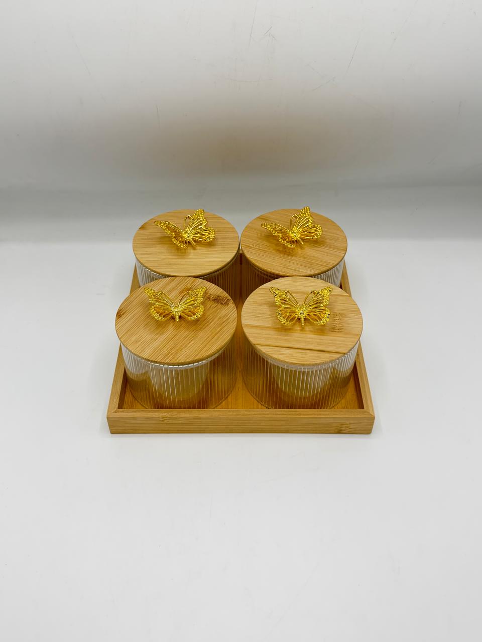 Glass Container Set - 4 Piece Bamboo Lids with Golden Butterfly