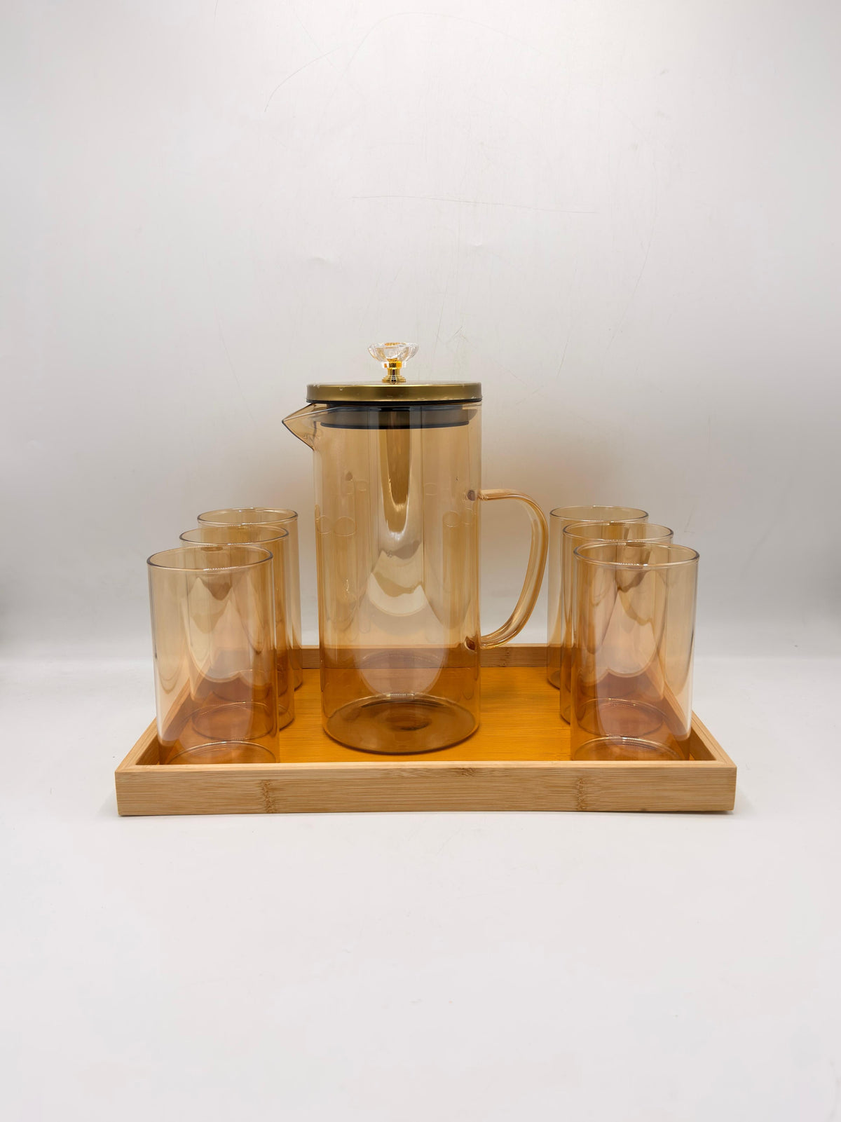 Glass Pitcher Set - 6 Glasses with Gold Lid & Bamboo Tray